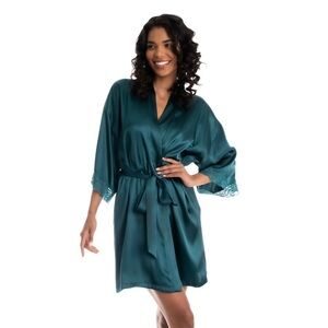 Women's Lilac+London Solid Satin Wrap Robe in deep turquoise
